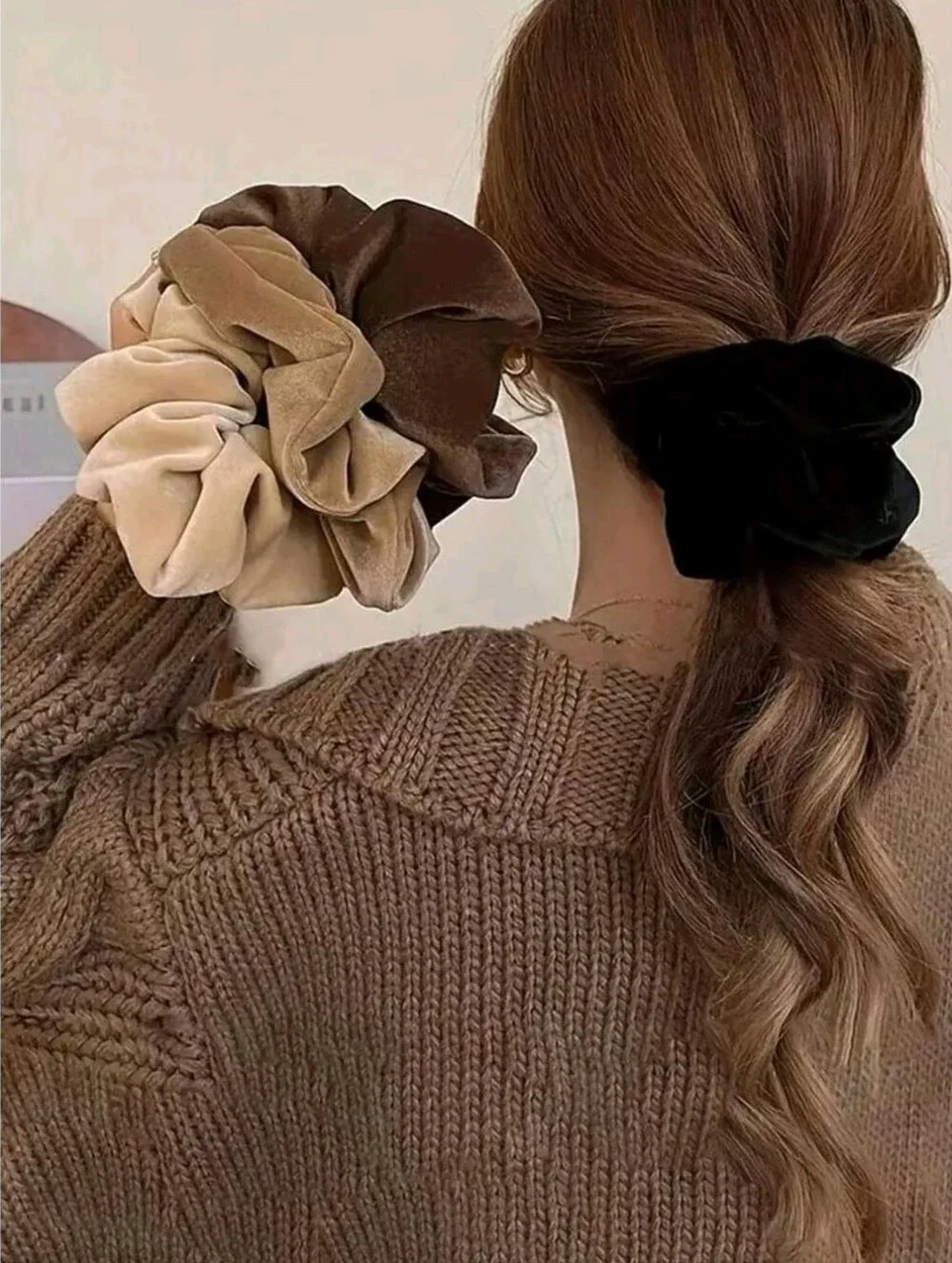 Velvet Oversized Scrunchie Set Of 4- Black and Neutral Browns